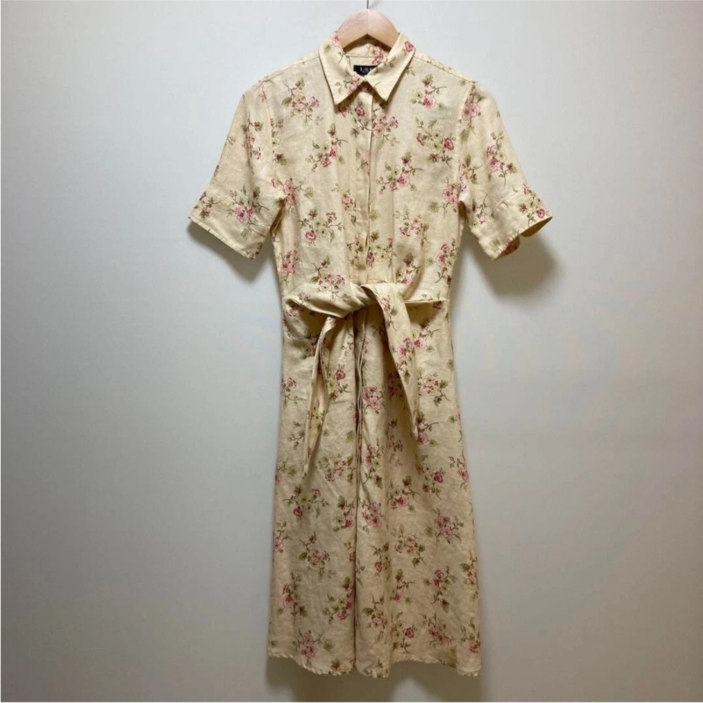 LAUREN RALPH LAUREN Floral Flare Shirt Dress Women Linen Front Knot 3/4 sleeve - Picture 5 of 8